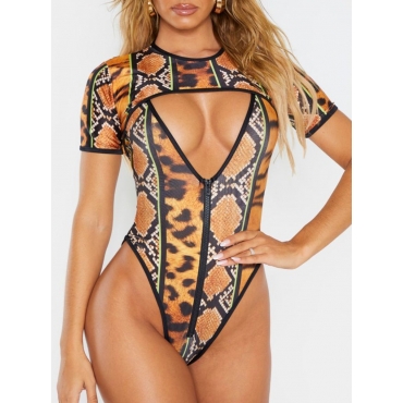 

LW Boho Cobra Print Zipper Design One-piece Swimsuit (With Top)