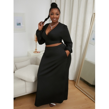 

Lovely Plus Size Boho V Neck Bandage Design Black Two-piece Skirt Set