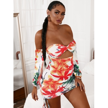

LW Boho Print Off The Shoulder Drawstring Jacinth Mini Dress