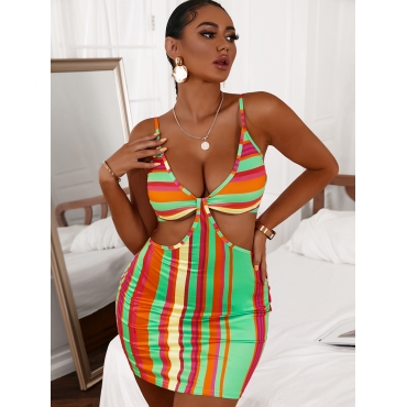 

LW SXY Casual Striped Hollow-out Green Knee Length Dress, Green stripes