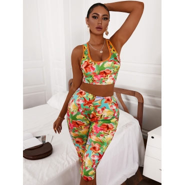 

LW Sweet U Neck Floral Print Multicolor Two Piece Shorts Set, Multi