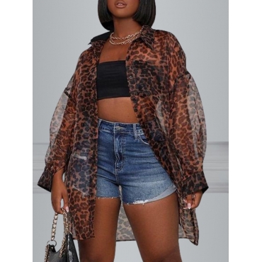 

LW SXY Street Leopard Print See-through Coffee Blouse