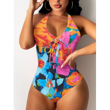 

Lovely Boho Print Patchwork Multicolor One-piece Swimsuit, Multi