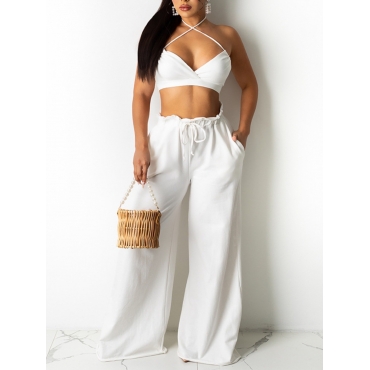 

LW Sexy Wide Leg Drawstring White Two Piece Pants Set