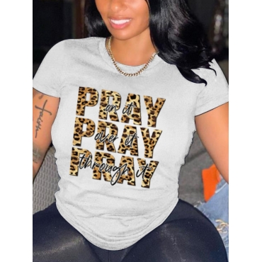 

LW Casual Leopard Letter Print White T-shirt