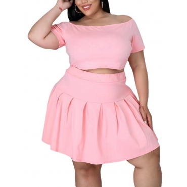 Lovely Plus Size Casual Off The Shoulder Flounce Design Pink Two-piece Skirt Set