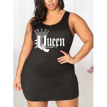 

LW BASICS Plus Size Casual U Neck Letter Print Black Mini Dress
