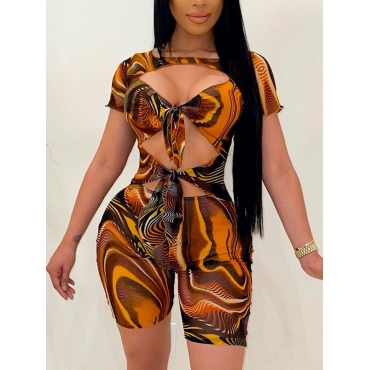 

Lovely Sexy Print Bandage Hollow-out Design Multicolor One-piece Romper, Multi