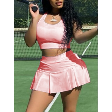 

LW Sporty U Neck Flounce Design Pink Two Piece Skirt Set