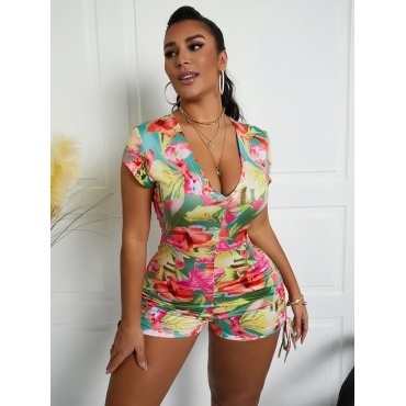 

LW Casual Floral Print Drawstring Red One-piece Romper