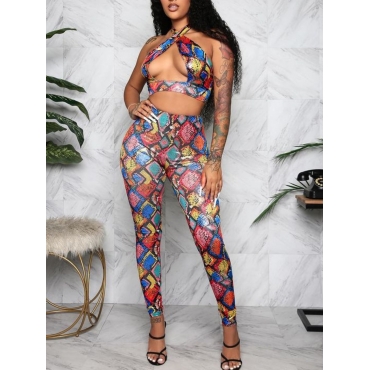 

LW SXY Mixed Print Hollow-out Multicolor Two Piece Pants Set, Multi