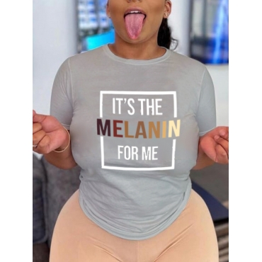 

LW BASICS Casual Round Neck Letter Print Grey T-shirt