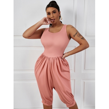 LW Casual U Neck Fold Design Pink One-piece Romper