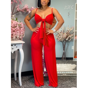 

LW SXY Sweet Bandage Design Wide Leg Red Two Piece Pants Set