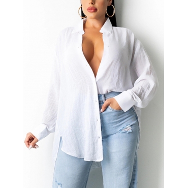 

Lovely Turndown Collar Button Design Blouse, White