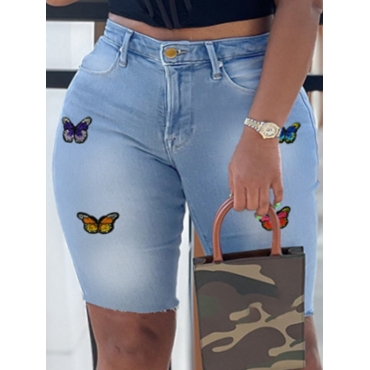 

LW Plus Size Butterfly Print Raw Edge Denim Shorts, Baby blue