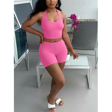 

LW U Neck Rib-Knit Two Piece Shorts Set, Pink