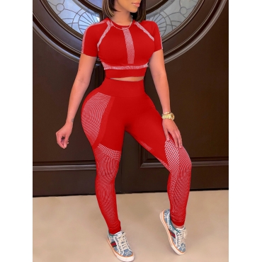 

LW Sporty Round Neck Patchwork Red Active Two Piece Pants Set