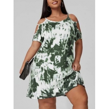 

Lovely Plus Size Cold Shoulder Tie-dye Dress, Army green