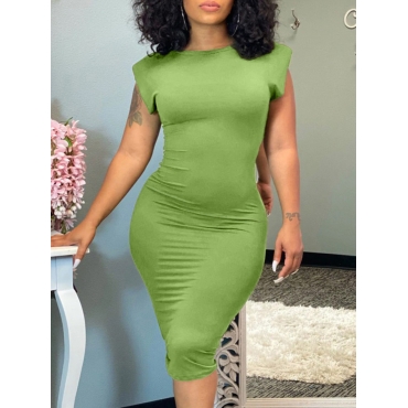 

LW Casual O Neck Cap Sleeve Green Mid Calf Dress