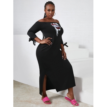 

LW Plus Size Lip Print Bandage Slit Dress, Black