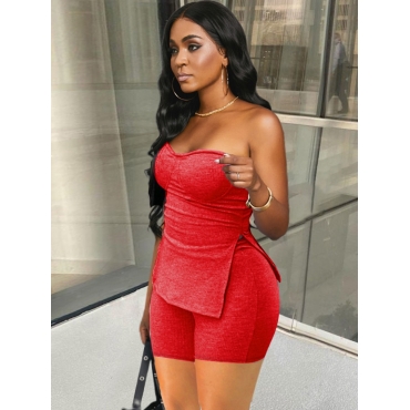 

Lovely Off The Shoulder Slit Two Piece Shorts Set, Red