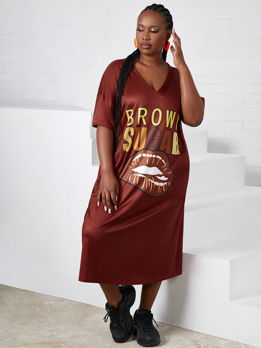 

LW Plus Size Casual Lip Letter Print Wine Red Knee Length Dress