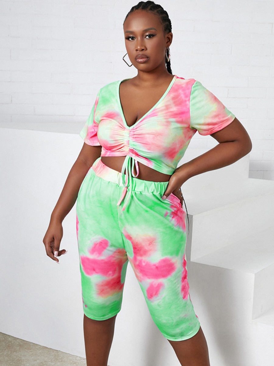 

Lovely Plus Size Tie-dye Drawstring Two-piece Shorts Set, Multi