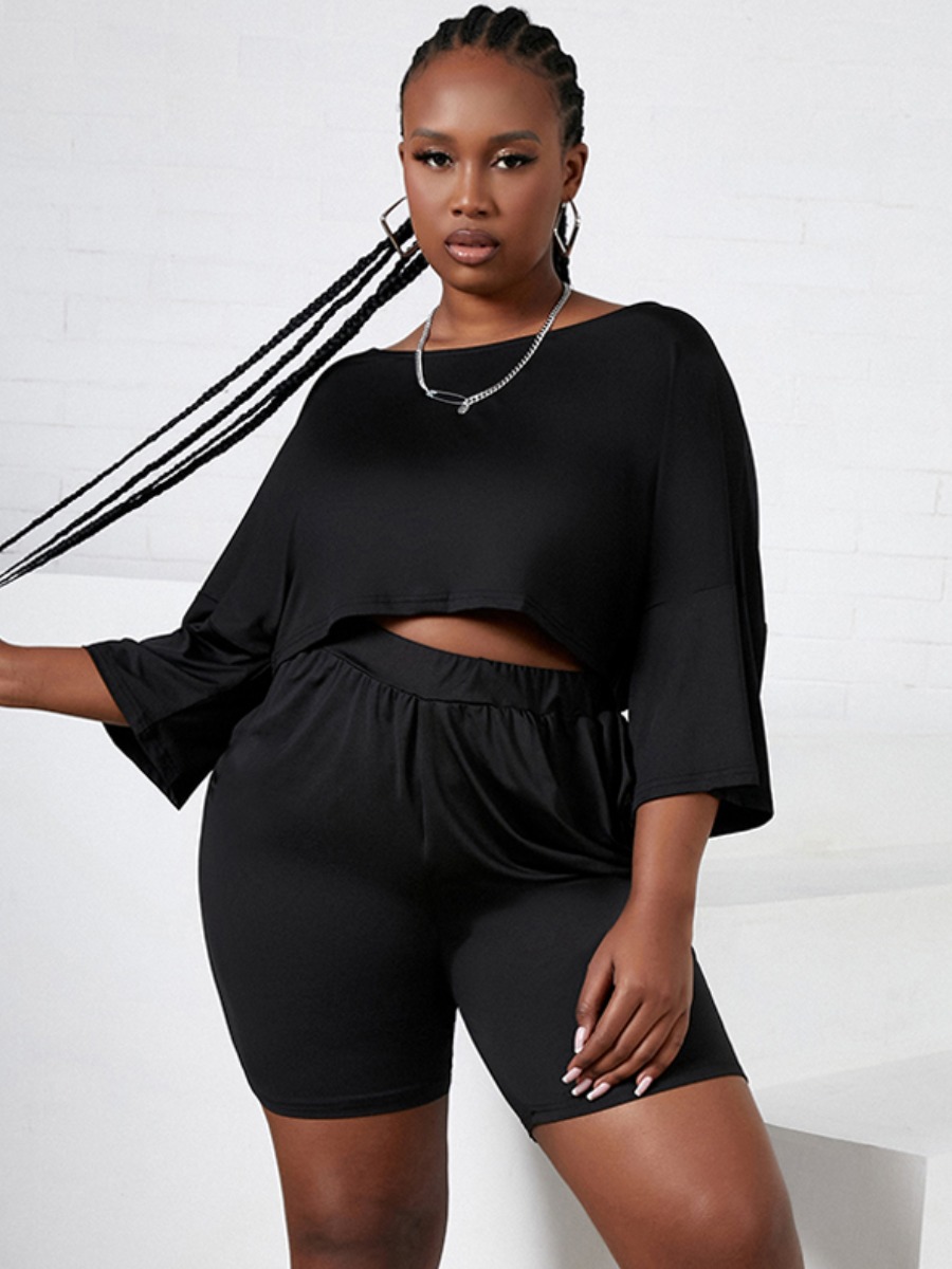 

Lovely Plus Size Pocket Design Ruched Two-piece Shorts Set, Black