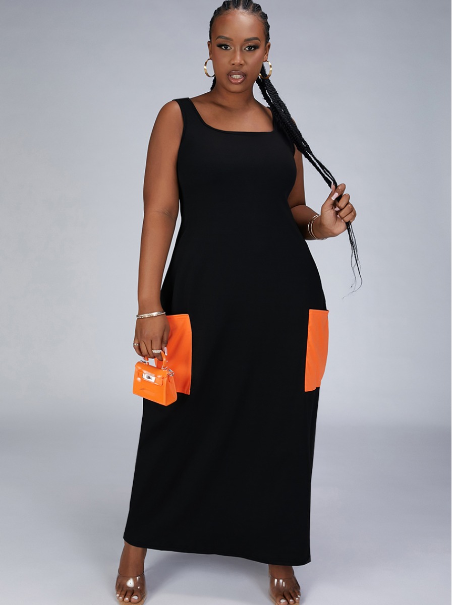 

Lovely Plus Size Color-lump Pocket Design Dress, Black