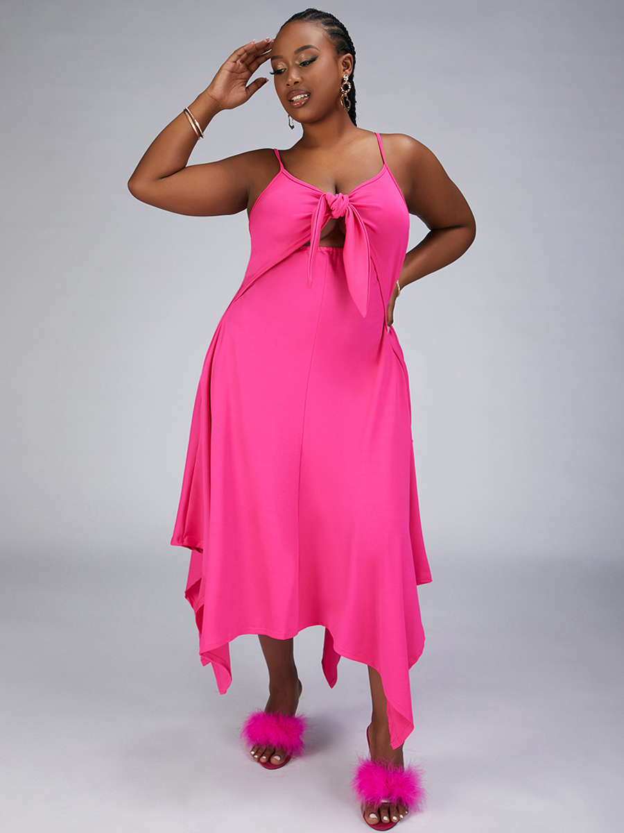 

Lovely Plus Size Bandage Hollow-out Design Dress, Rose red
