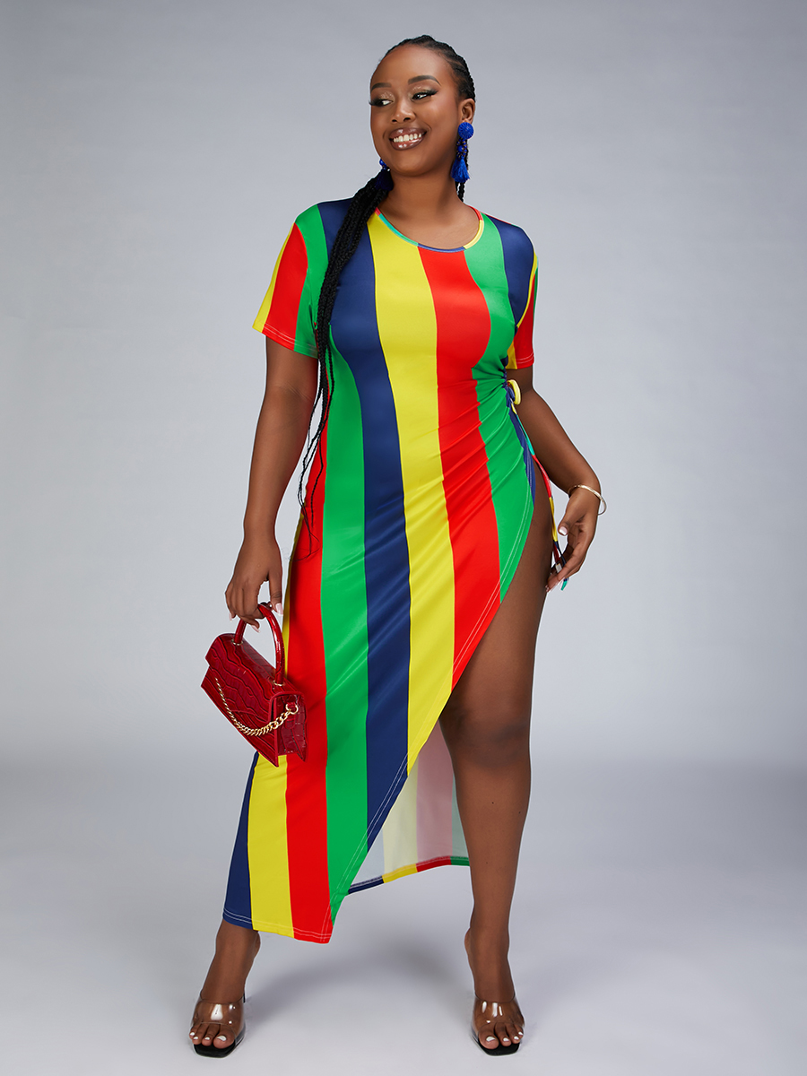

LW Plus Size Striped Drawstring Split Asymmetrical Dress, Multi