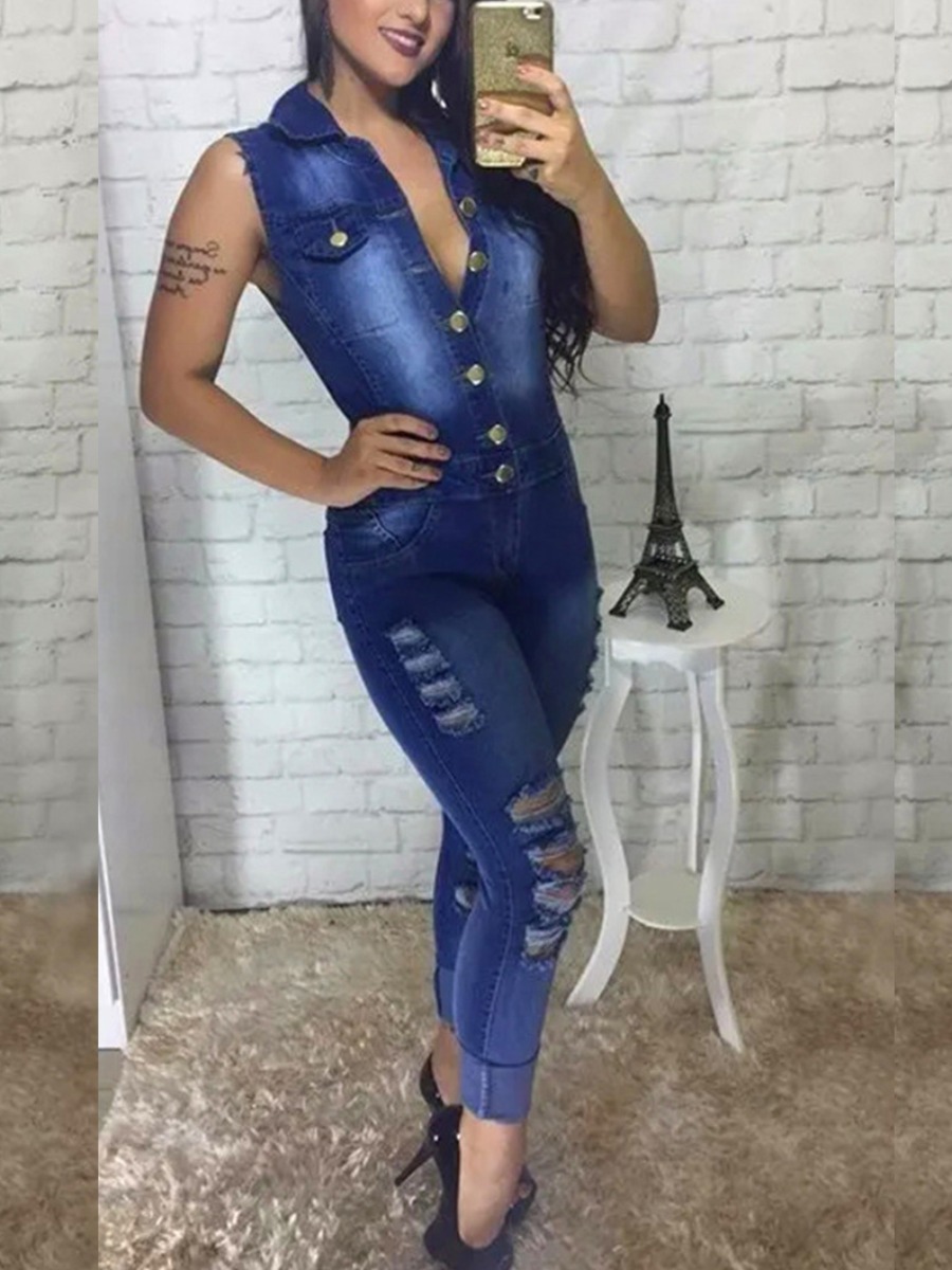 

LW Button Design Ripped One-piece Denim Jumpsuit, Blue