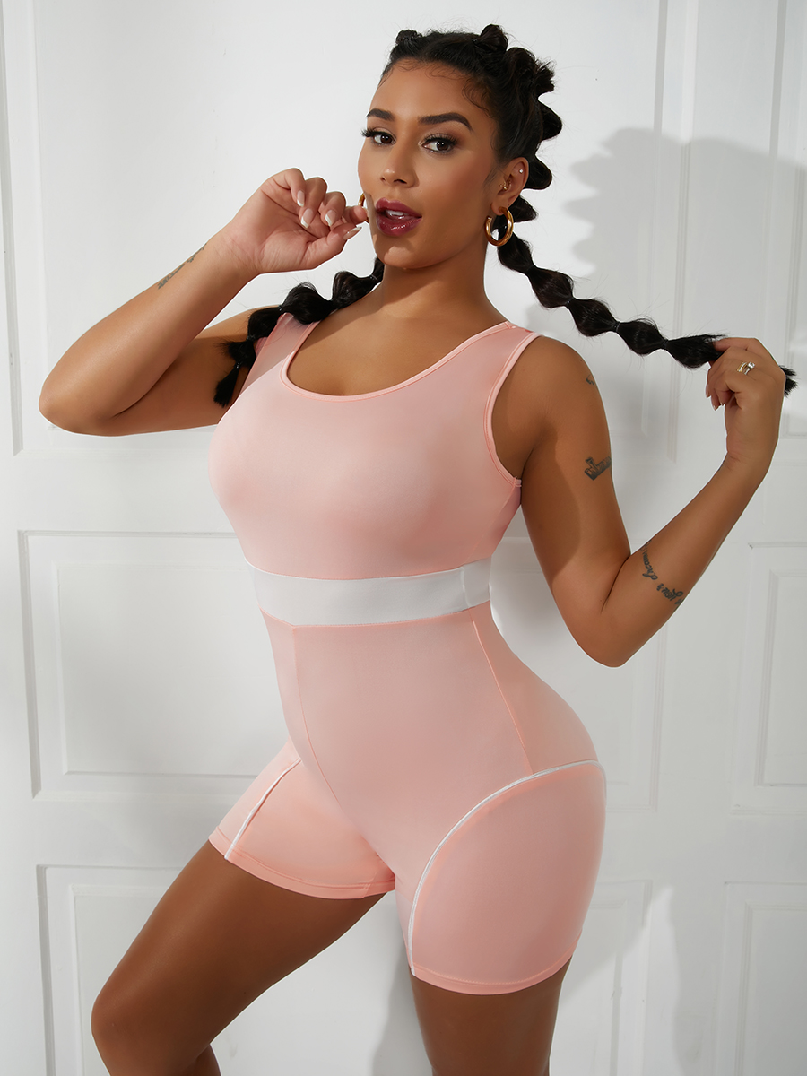 

Lovely U Neck Color-lump One-piece Romper, Pink