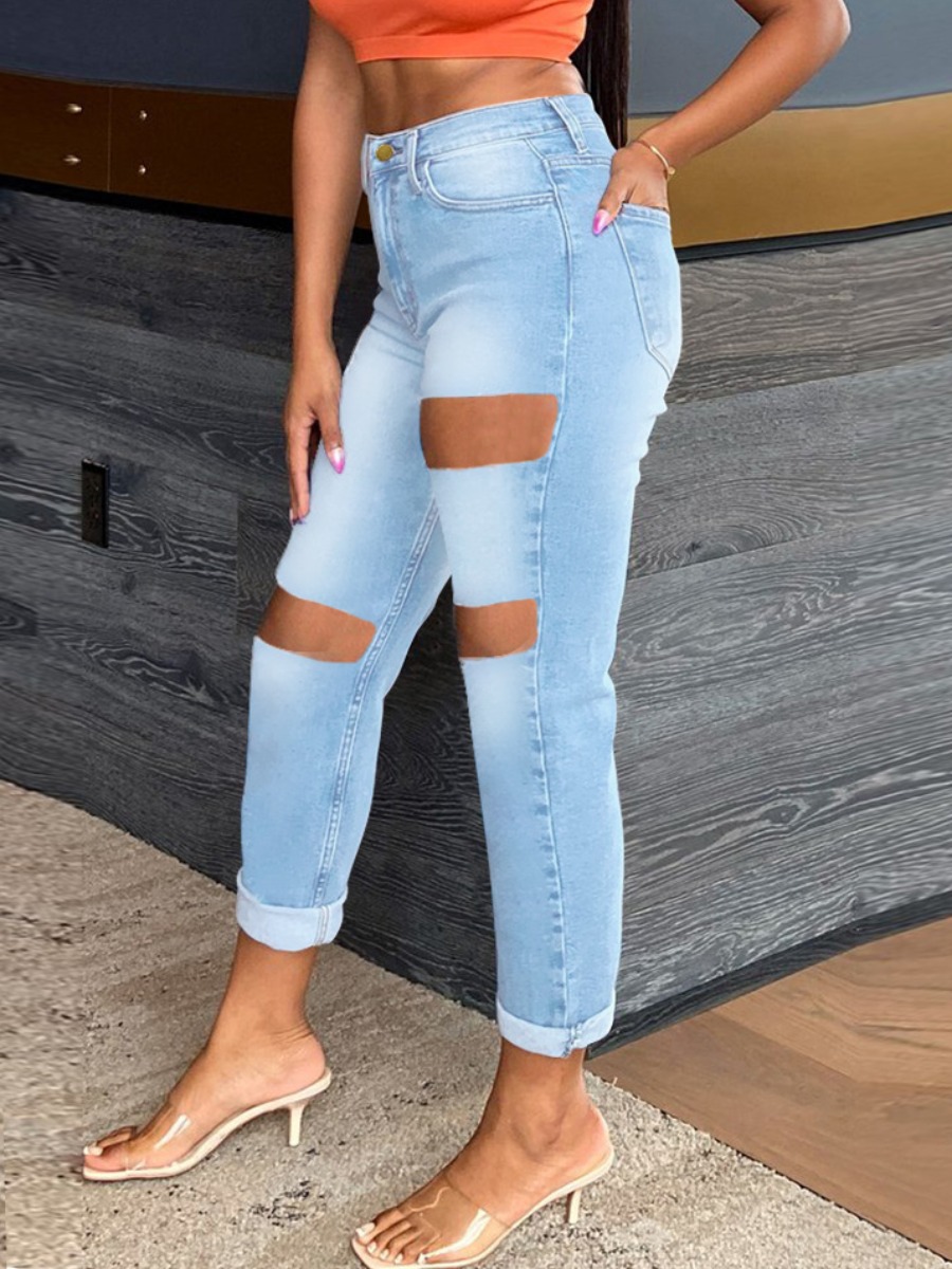 

LW High-waisted High Stretchy Ripped Jeans, Baby blue