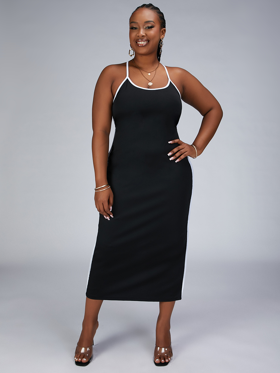 

Lovely Plus Size Striped Cross Strap Backless Dress, Black