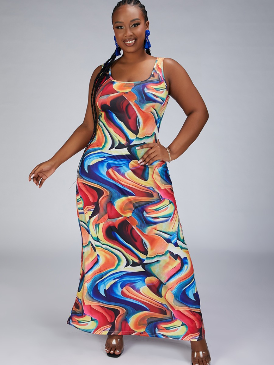 

Lovely Plus Size U Neck Multicolor Wavy Print Dress, Jacinth