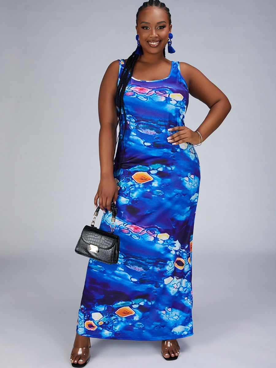 LW Plus Size U Neck Floral Print Dress, Blue