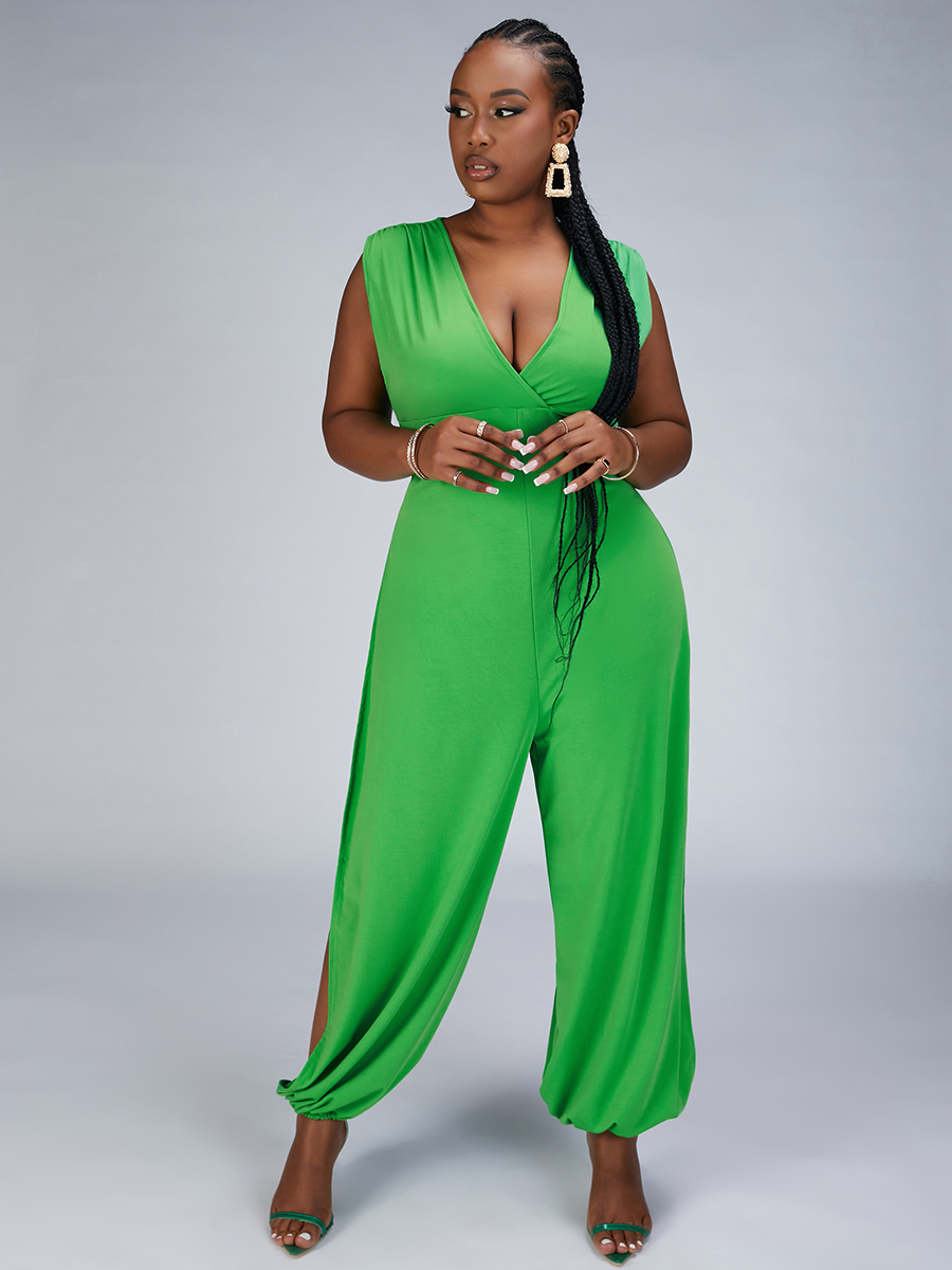 

Lovely Plus Size Split Drawstring One-piece Jumpsuit, Green