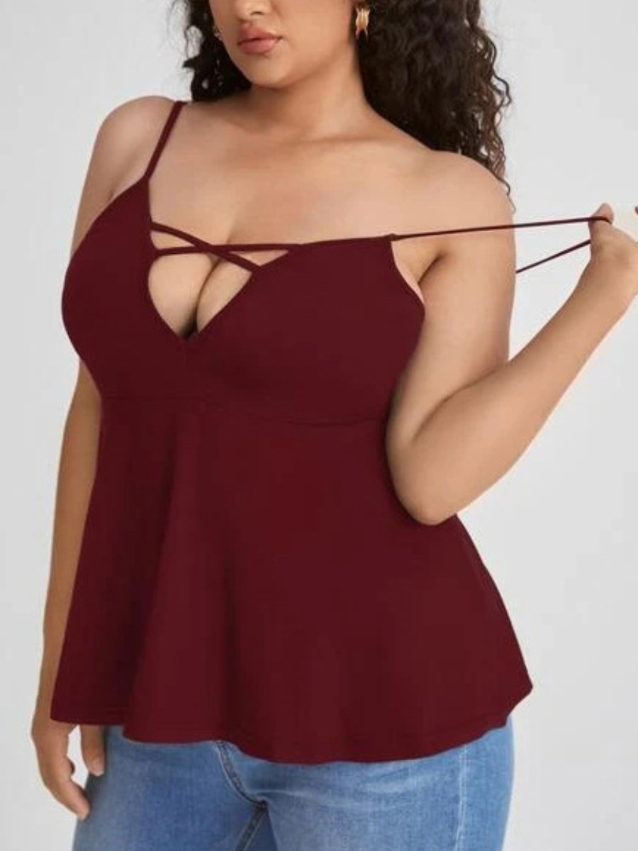 

Lovely Plus Size Bandage Hollow-out Design Camisole, Wine red