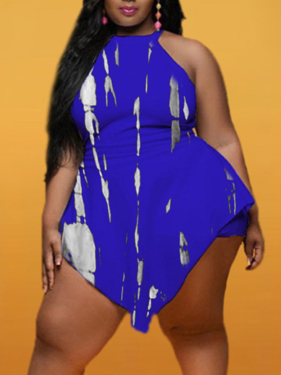 

LW Plus Size Tie-dye Asymmetrical One-piece Romper, Blue