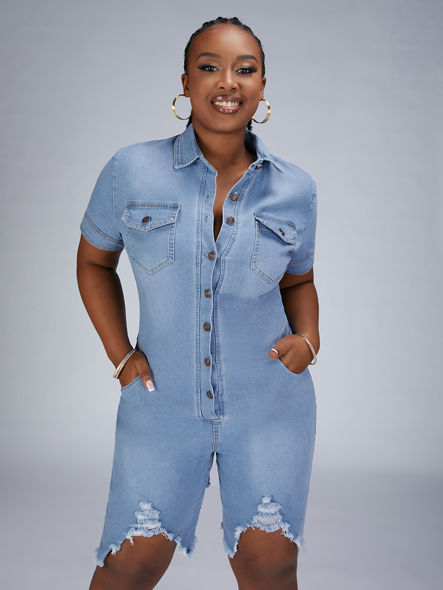 

LW Plus Size High Stretchy Turndown Collar Ripped Denim Romper, Baby blue