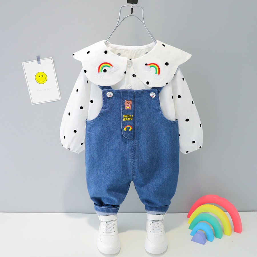 

Lovely Girl Dot Print Fold-over Overall Two Piece Pants Set, White
