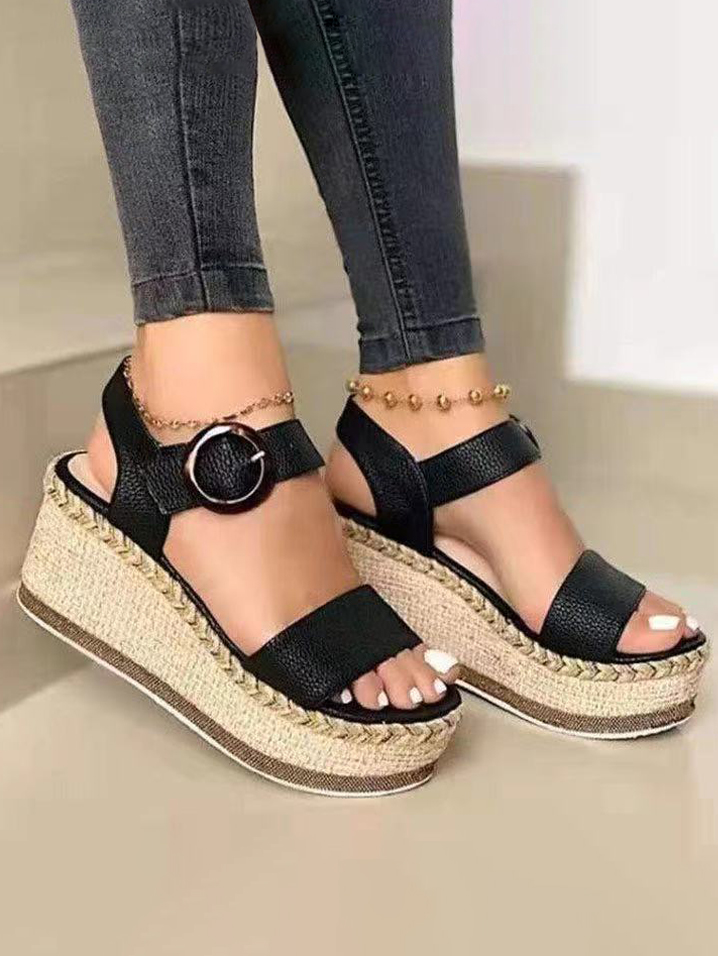 

LW Buckle Hemp Rope Platform Shoes, Black
