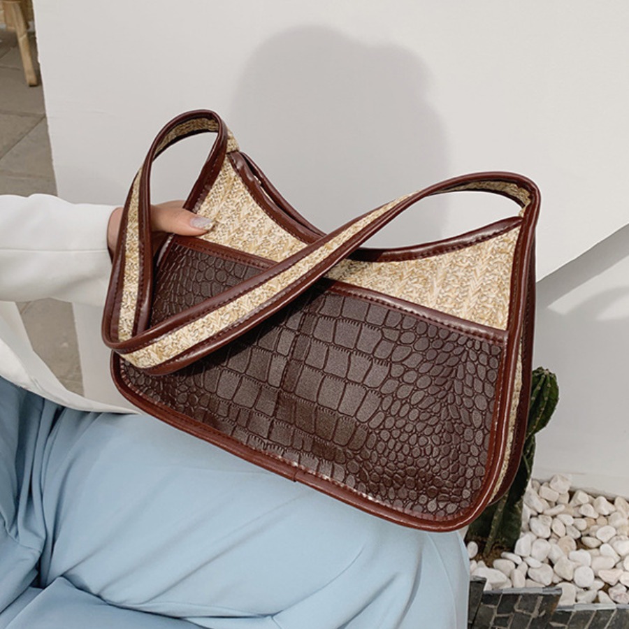 

Lovely Crocodile Pattern Patchwork Shoulder Bag, Coffee