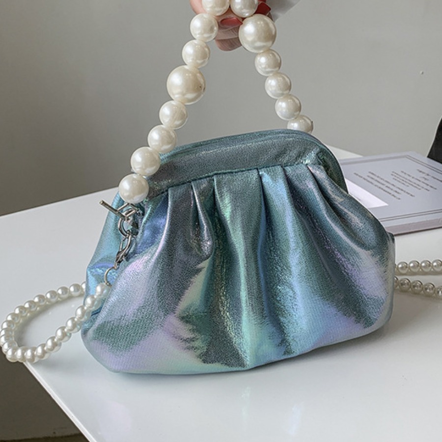 

Lovely Pearl Decoration Fold Design Messenger Bag, Blue