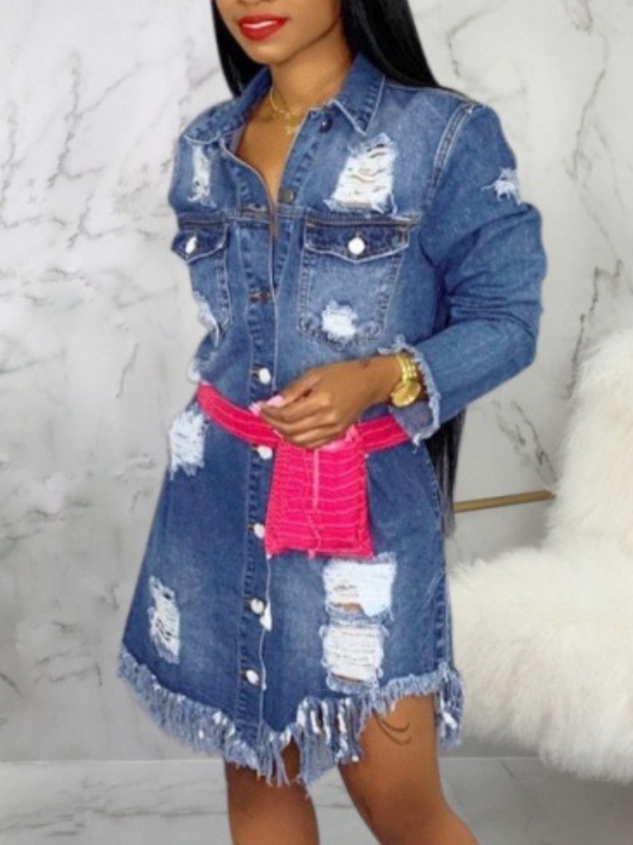 

LW Button Design Ripped Raw Edge Denim Dress, Blue