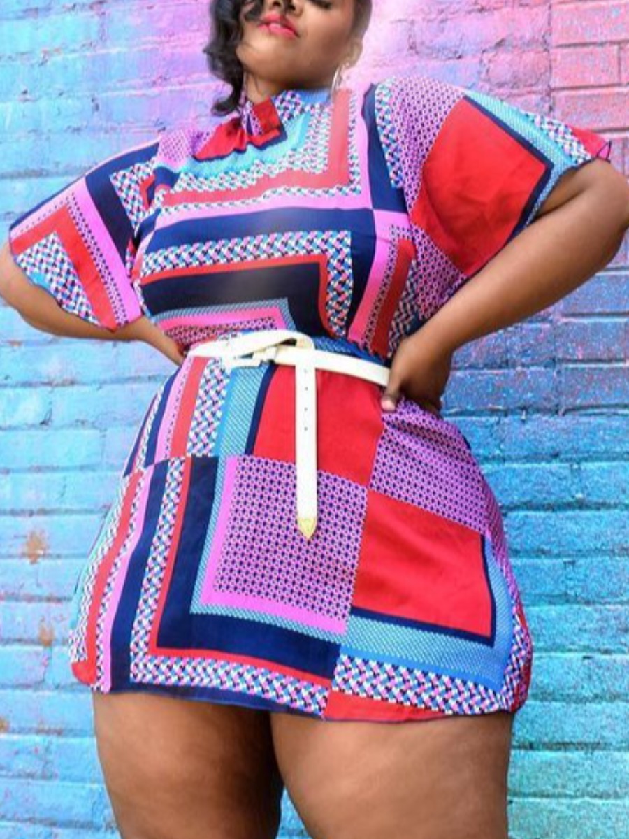 

Lovely Plus Size Geometric Print Patchwork Dress (Without belt), Red