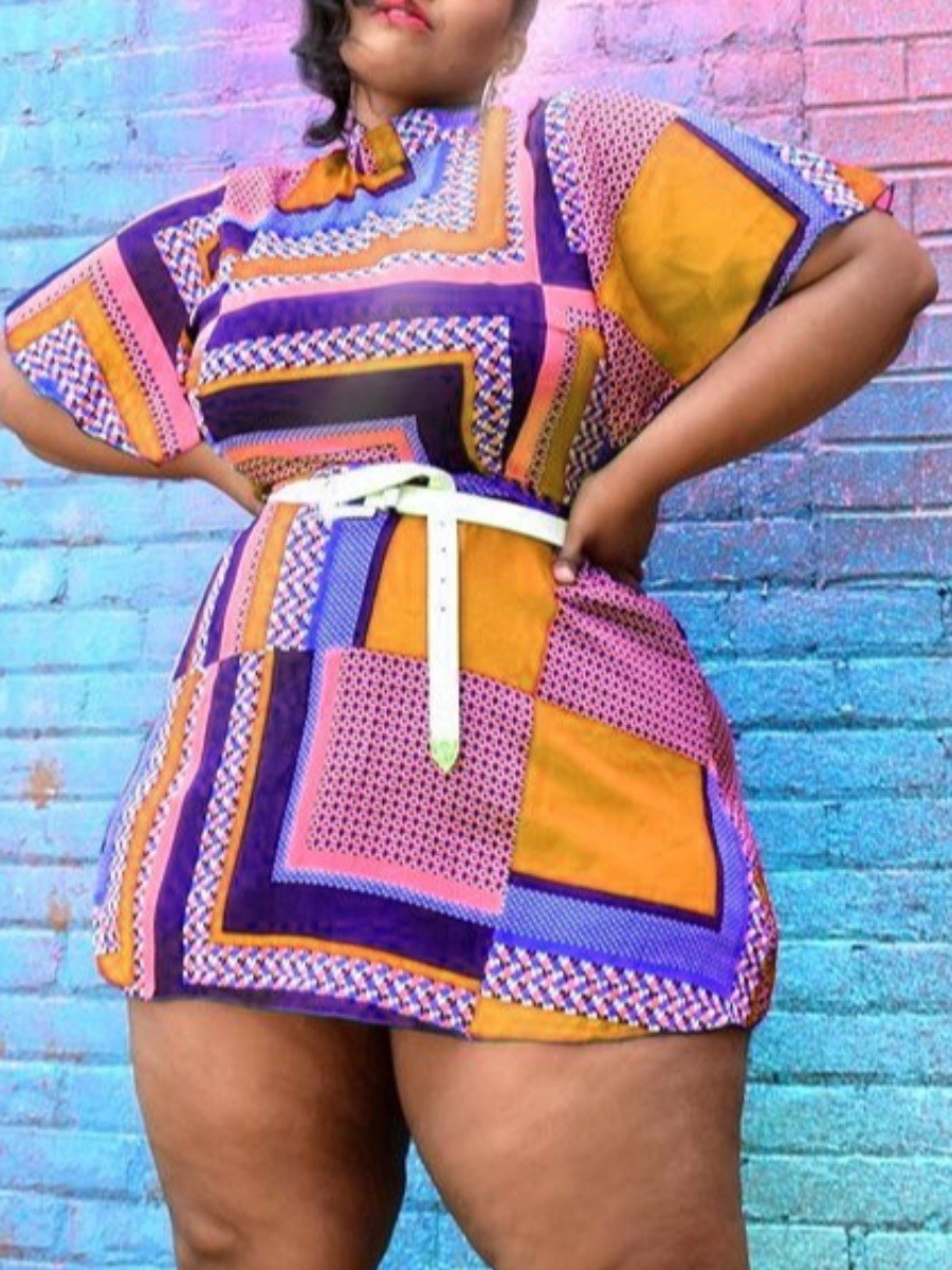 

Lovely Plus Size Geometric Print Patchwork Dress (Without belt), Orange