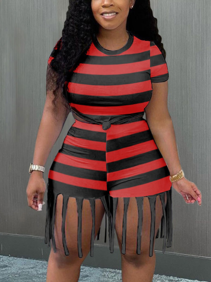 

Lovely Plus Size Striped Tassel Design Two-piece Shorts Set, Red